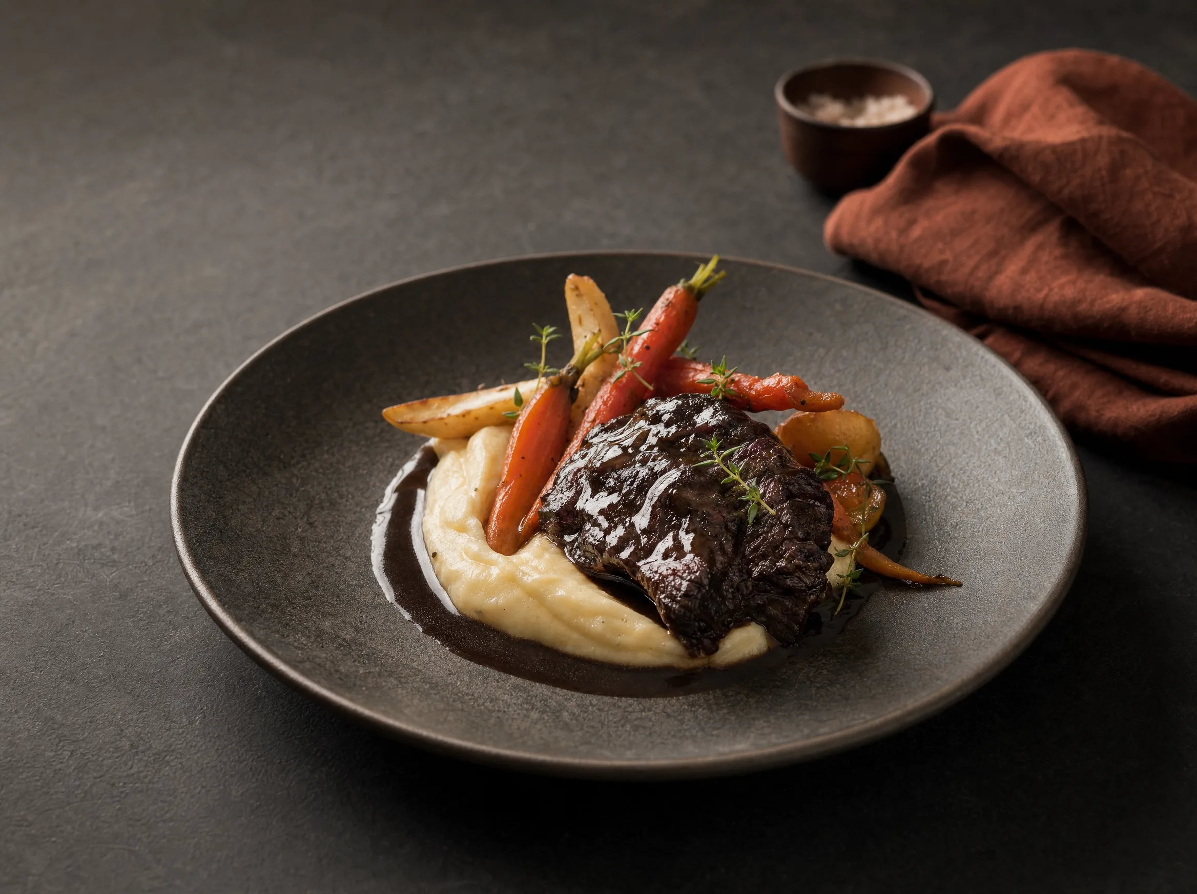 Geschmorte Rinderbacke mit Kartoffelpüree, jungen Karotten, Wurzelgemüse und Jus.